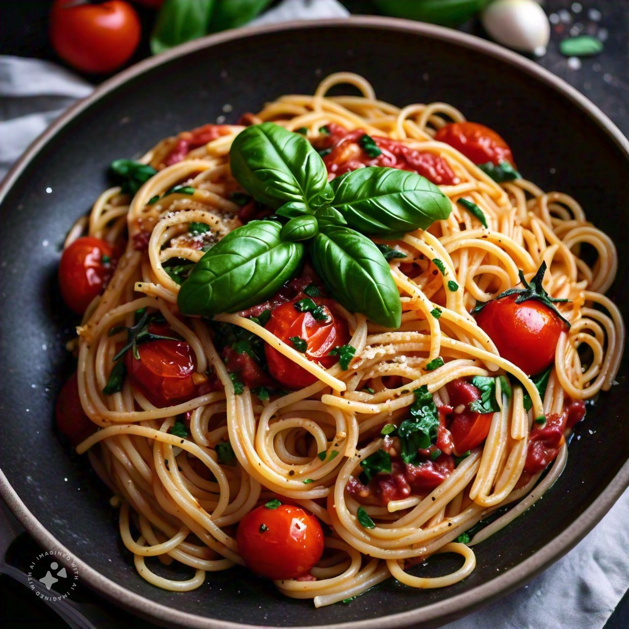 Spaghetti Aglio e Olio with Tomatoes and Basil