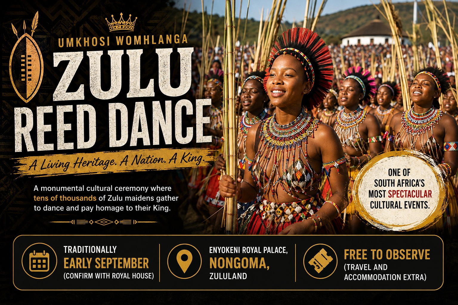Zulu Reed Dance (Umkhosi woMhlanga) – late Aug/Sep